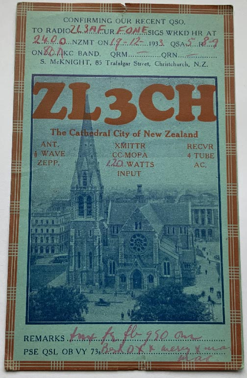 Christchurch New Zealand Radio card dated 1933